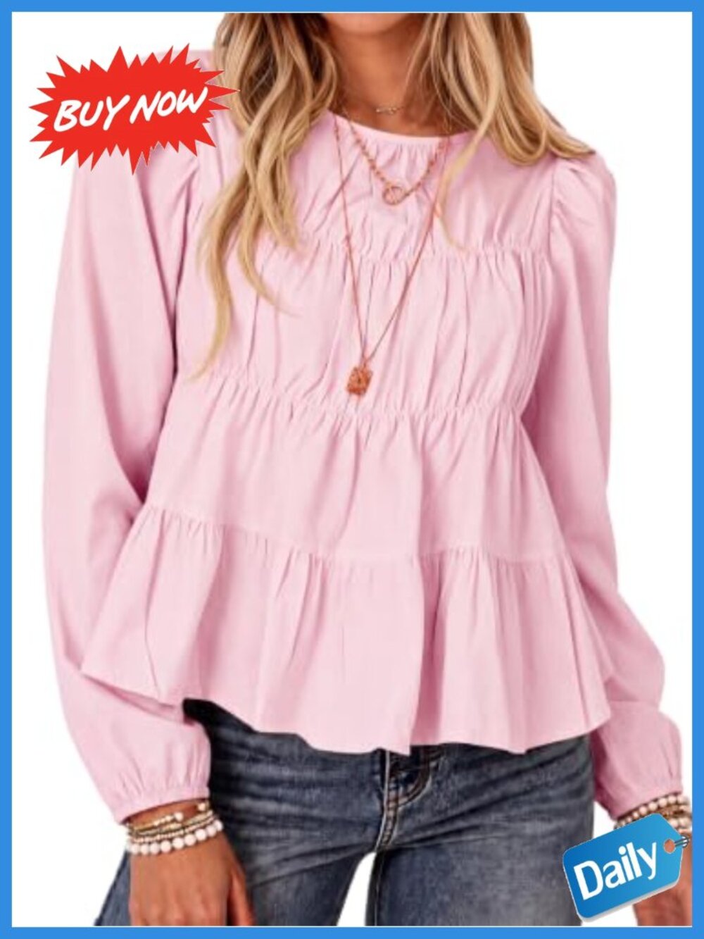 Womens Puff Long Sleeve Babydoll Peplum Blouse Flowy Top